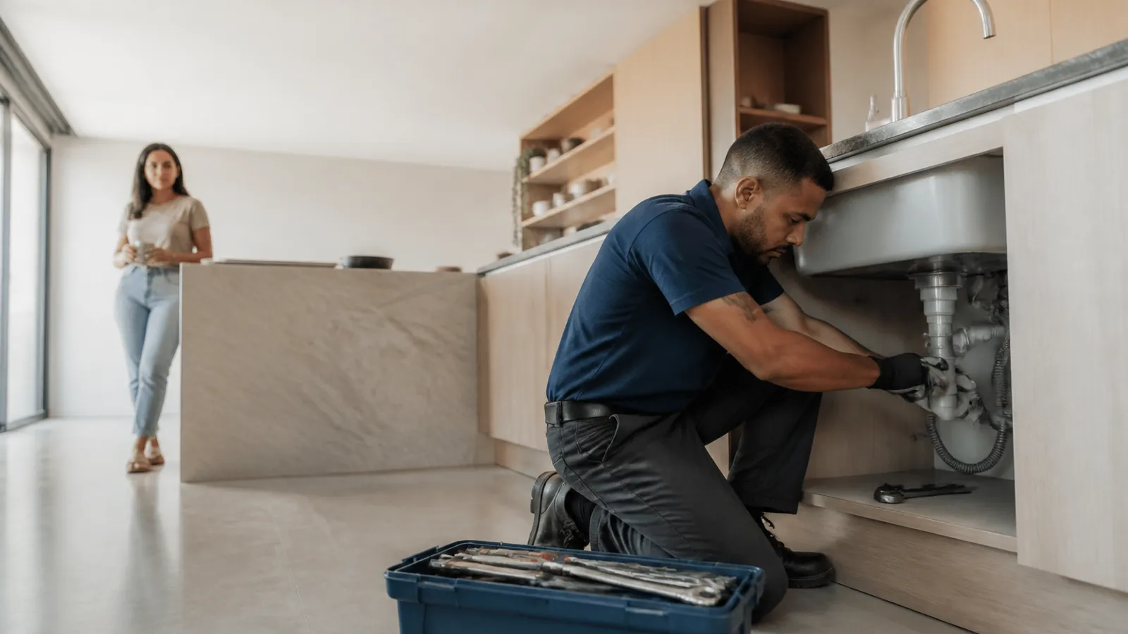 Profissional de assistência técnica atendendo um chamado residencial