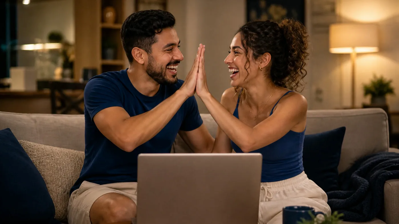 Casal comemorando em frente ao notebook após ser contemplado no consórcio